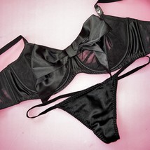 Victoria&#39;s Secret 32B,34B,34C,34D,34DDD,36C,36DDD Bra Set Thong Black Satin Bow - £54.36 GBP