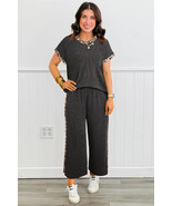 Carbon Grey Leopard Patchwork Edge Twisted Rib T Shirt and Cropped Pants... - $611.21 MXN