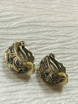 Estate Ornate Silvertone w Dainty Blue Rhinestones Half Hoop Clip Earrings – 5/8 - £8.15 GBP