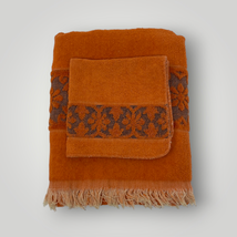 Vtg JCPenney Cotton Blend Orange Floral Retro 1970s Sculpted Fringe Towel Set - £14.70 GBP