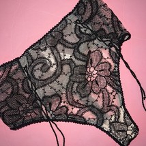 Victoria&#39;s Secret S,M HIGH-WAIST THONG Panty BEIGE Black Floral embroidered - $29.69