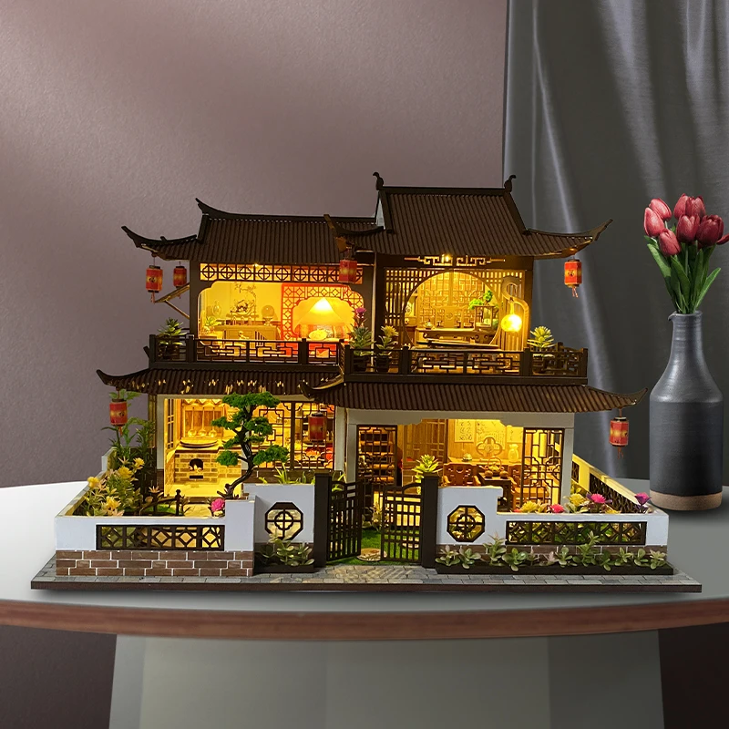 Larg Ancient Building Wooden Doll House Casa Miniature Furniture with LED Kit - £45.04 GBP+