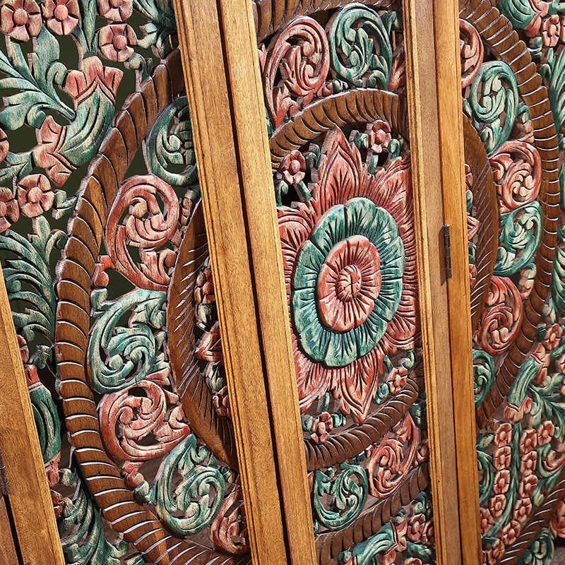 Thai Heritage Hand-Carved Wooden Room Divider Screen, Southeast Asian Floral Mot Item image 9