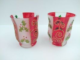 Red & Satin White Glass Votive Candle Holder set of 6 w/ Holly Berries Christmas image 8