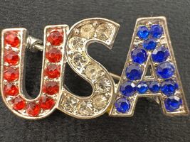 USA Rhinestone Brooch Red White Blue Patriotic Pin Gold Tone Vintage - $18.80