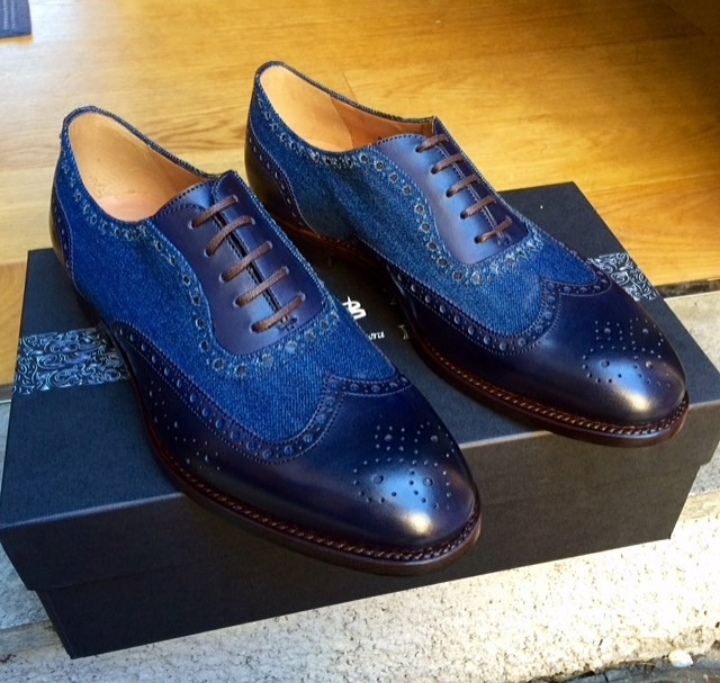 Men's Handmade Brogue Shoes, Men's Blue Leather & Tweed Wing Tip Casual Shoes