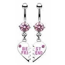 PINK 2 Best Friends Belly Button Ring 14g 3/8&quot; Stainless Navel Piercing CZ Gems  - £5.40 GBP