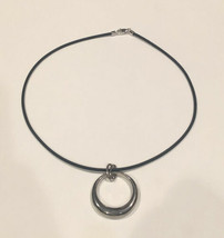 ELLE Sterling 16” Necklace Circle Pendant Black Rubber Back Stone SIGNED - £38.89 GBP