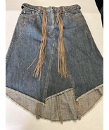 DKNY Jeans Retro Raw Hem Denim Embroidered Belted Skirt Size 6 - $34.65