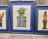 Vintage Sesame Street Cross Stitch Burt Ernie &amp; Oscar The Grouch Framed - £23.37 GBP