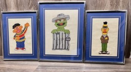 Vintage Sesame Street Cross Stitch Burt Ernie &amp; Oscar The Grouch Framed - £23.33 GBP