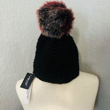 KYI KYI Faux Fur Pompom Classic Beanie Hat, Black/Red, One Size, NWT - £41.23 GBP