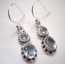 Faceted Blue Topaz Double Gem 925 Sterling Silver Dangle Earrings Round and Oval - £15.81 GBP