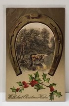 Best Christmas Wishes Cattle Gold Gilded Horseshoe Holly Germany Postcard B7 - £4.70 GBP