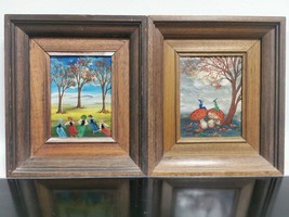 Pair of Vintage Israel Oil on Board Painting Signed REVIVA YOFFE Wood Framed - £110.08 GBP