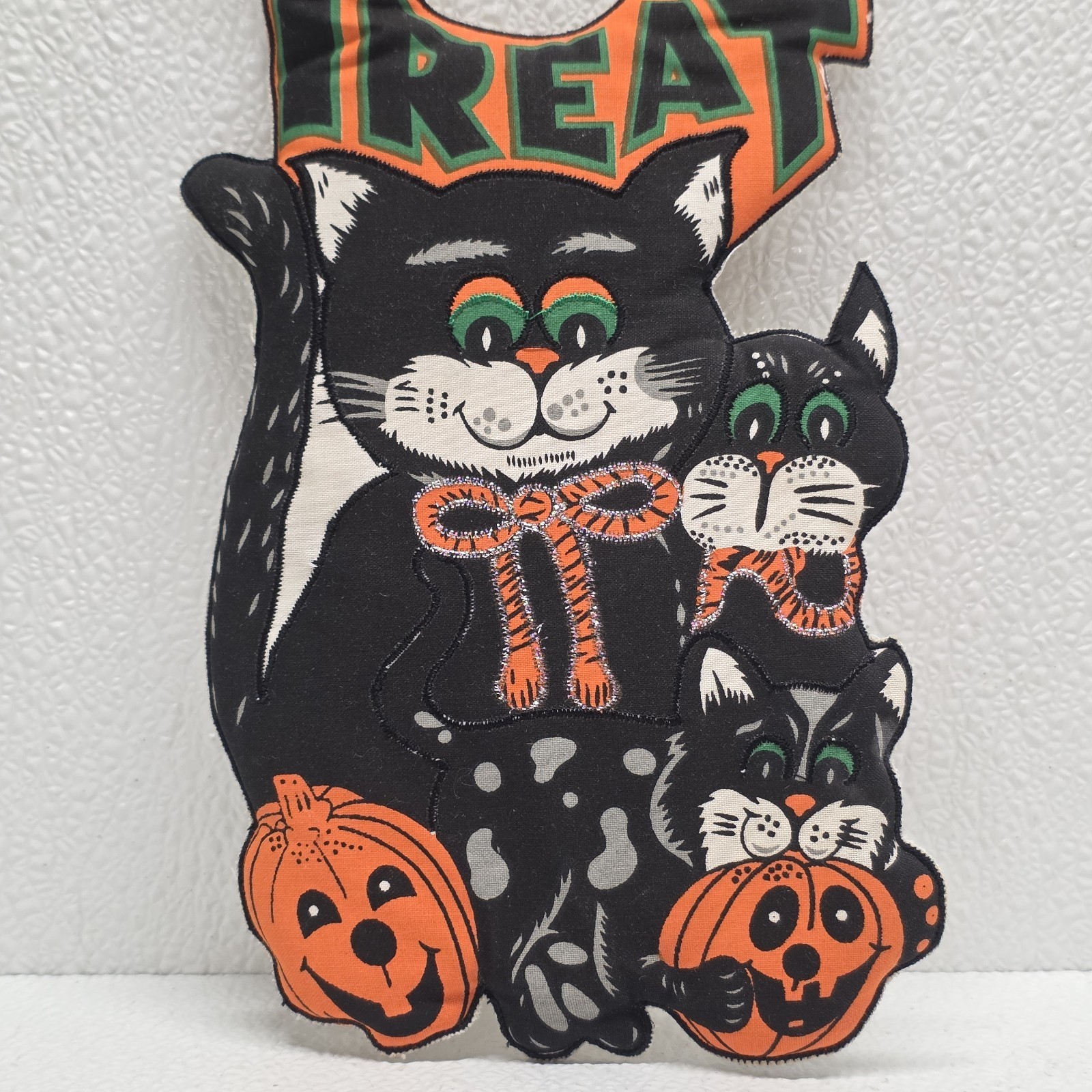 Vintage Halloween Black Cat And Pumpkin TRICK OR TREAT Fabric Door Knob Hanger Item image 2
