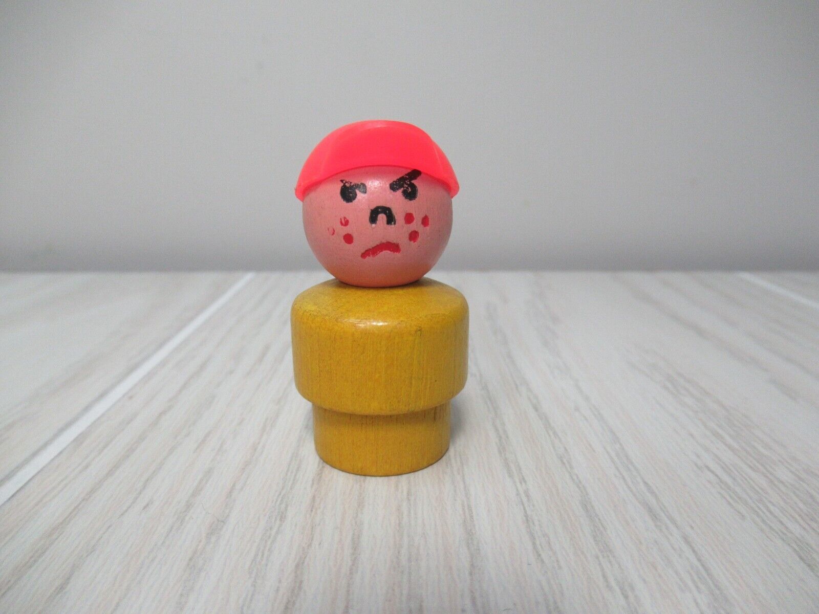 Primary image for Fisher-Price Little People vintage angry mad frowning boy yellow red hat WOOD