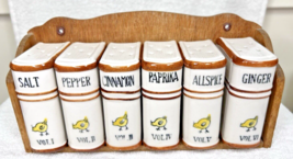 7PC Yellow Baby Chick Japan Spice Set Book Shaped w Wood Rack Pottery Go... - $830.41 MXN