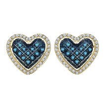 14K Argento Placcato Oro 1/2CT Finto Blu e Bianco Forma Cuore Orecchini a Lobo - £49.08 GBP