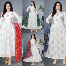 Designer Anarkali Gown with Dupatta India Wedding fashion Rayon White dress - $37.15+