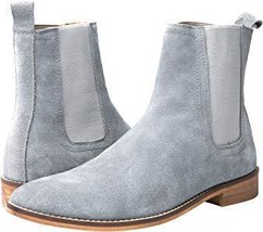 Suede Leather Gray Color Men Handcrafted Chelsea Jumper Slip Ons Tan Sole Boots - £127.88 GBP+