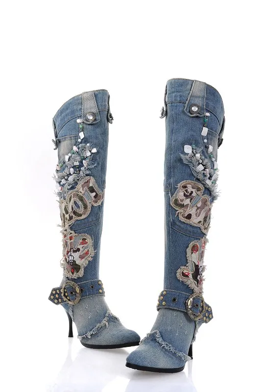 Newest Ladies Denim Crystal Over the Knee Boot Fringe Thin High Heel Blue Winter - £222.98 GBP