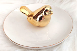 Gold Bird on White Dish Plate Key Bowl Jewelry Organizer Office Supplies - $5.99