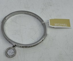 Michael Kors Stainless Steel Pave Hinged Bangle Bracelet Silver Tone w MK Charm - £39.68 GBP