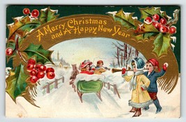 Christmas Postcard Children Boy Girl Snowball Horn Horse Carriage  Germany 1912 - £16.24 GBP