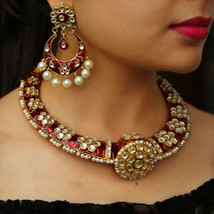 Bollywood Indian Bridal Gold Set Plated Kundan Red Hasli Choker Necklace Jewelry - £302.99 GBP