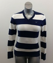 American Eagle V Neck Sweater Women’s Size XS Blue White Striped Long Sl... - $9.79