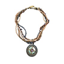 Vtg AVON 5-Strand Autumn Colors Beads Round Pendant Enamel Bronze 15-3/4 – 19” - £11.22 GBP