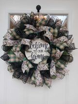Welcome Wreath  Green Plaid Mesh Floral Everyday Front Door Decor - $59.99