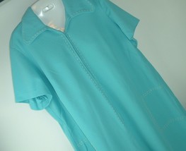 Vintage House Dress 60s 70s Blue Polyester Front Zip Frock Mumu Mod XL USA - £23.22 GBP