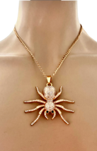 Golden Spider Statement Pendant Necklace Clear Rhinestones Animal Jewelry - $22.23