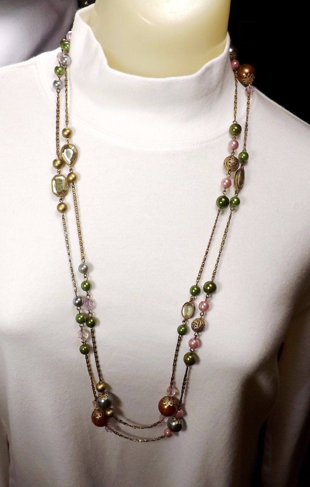 Super Long Colored Bead & Stones Chain Necklace Double or Triple Strands 70" - $7.25