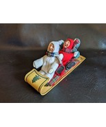 Byers Choice 3 Toddlers on Wood Toboggan Sled Red Green White Snow Suit - $245.96 CAD