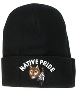 Native Pride Cuffed Knit Black Winter Hat Beanie (Wolf) - £11.95 GBP