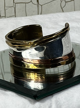 Lazaro G Sterling Silver Bracelet Modernist Silver Copper Brass Cuff Signed .925 - £146.63 GBP