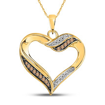 10k Yellow Gold Womens Round Brown Diamond Heart Pendant 1/10 - £250.88 GBP