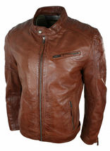 Mens Retro Style Zipped Biker Brown Real Leather Jacket - £132.90 GBP