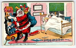 Santa Claus Christmas Postcard Fond Kids Bedroom St Nick Fills Stockings 1909 NY - £14.95 GBP