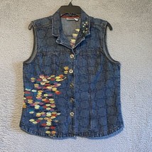 Chico&#39;s Vest Womens 2 Large Denim Blue Embroidered Pockets Sleeveless - $24.75
