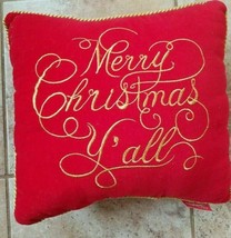 Christmas Holiday Decor Pillow Red Velour Gold Embroidered Merry Christmas Y&#39;All - £23.48 GBP
