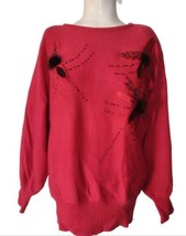 Vtg Angenie Beaded Sweater Sz M Red Black Floral Dolman Fuzzy Pom Poms K... - $26.72
