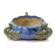 Elephant Planter Ceramic Blue And Green Majolica Style Planter Bowl Vintage 6&quot; - £27.67 GBP