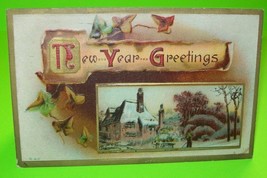 New Years Greetings Postcard B 42 Vintage Embossed Original 1912 Snow Cottage - £10.28 GBP