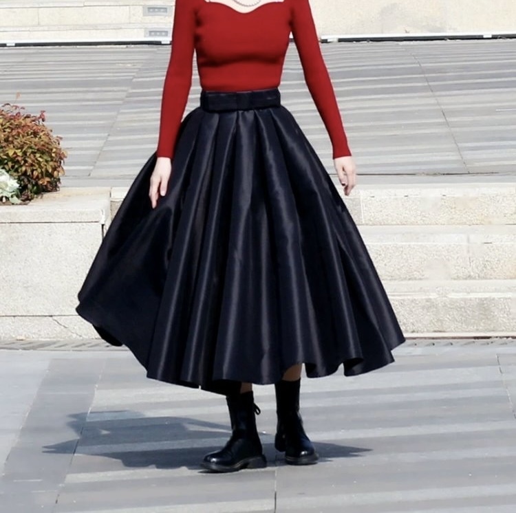 A-line Pleated Satin Skirt,  Black Ruffle Plus Size Pleated Skirt, Holiday Skirt