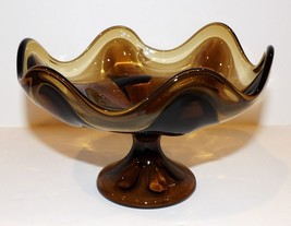 Vintage Viking Art Glass Mcm ROOTBEER/SMOKE Brown 6 Petal Pedestal Compote - £38.67 GBP