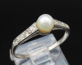 PLATINUM - Vintage Antique Cultured Pearl &amp; Genuine Diamonds Ring Sz 6.25- GR486 - £223.38 GBP